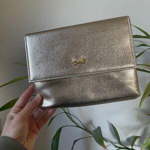 Gold Metallic Clutch Evening Bag Bow Accent Chain Strap Event Party Leather Vtg
